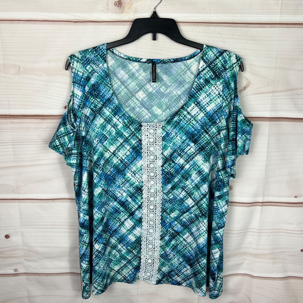 Bleeker & McDougal Top Womens 2X Blue Green Plaid Blouse Cold Shoulder Knit Lace
